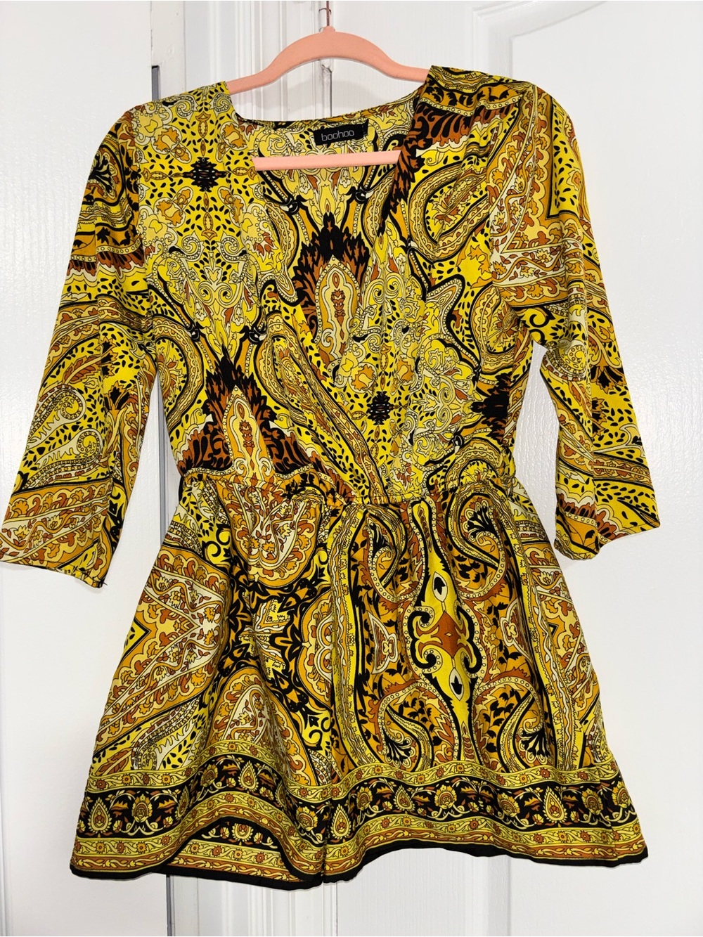 Boohoo Yellow Paisley V-Neck Tie-Waist Romper